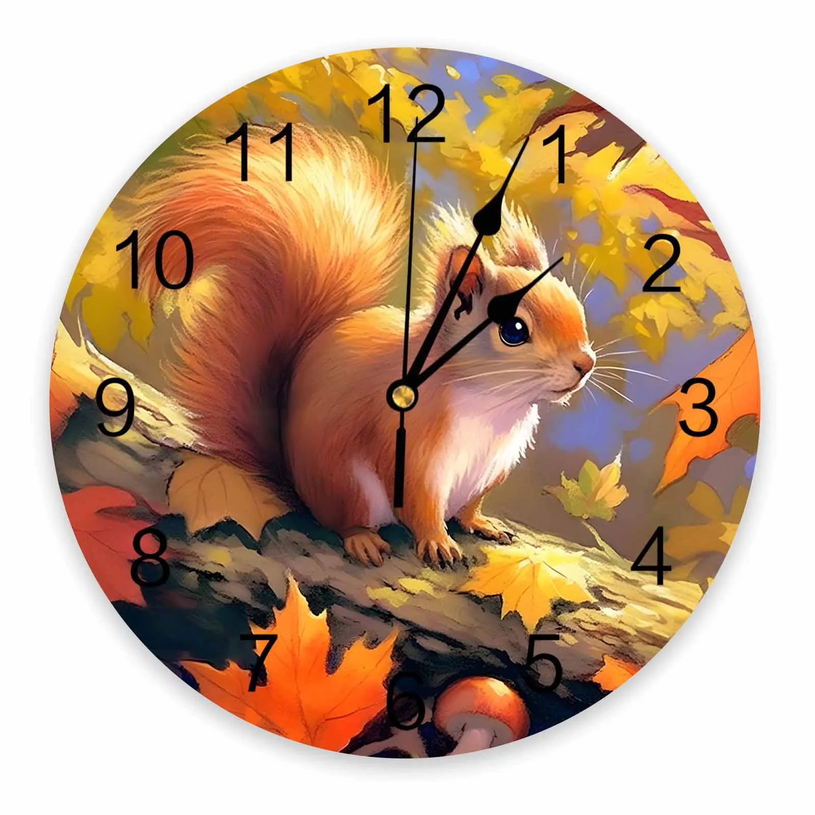 Forest Squirrel Maple Leaf Mushroom Printed Wall Clock Modern Silent Clock Living Room Home Decor Wall Hanging Watch