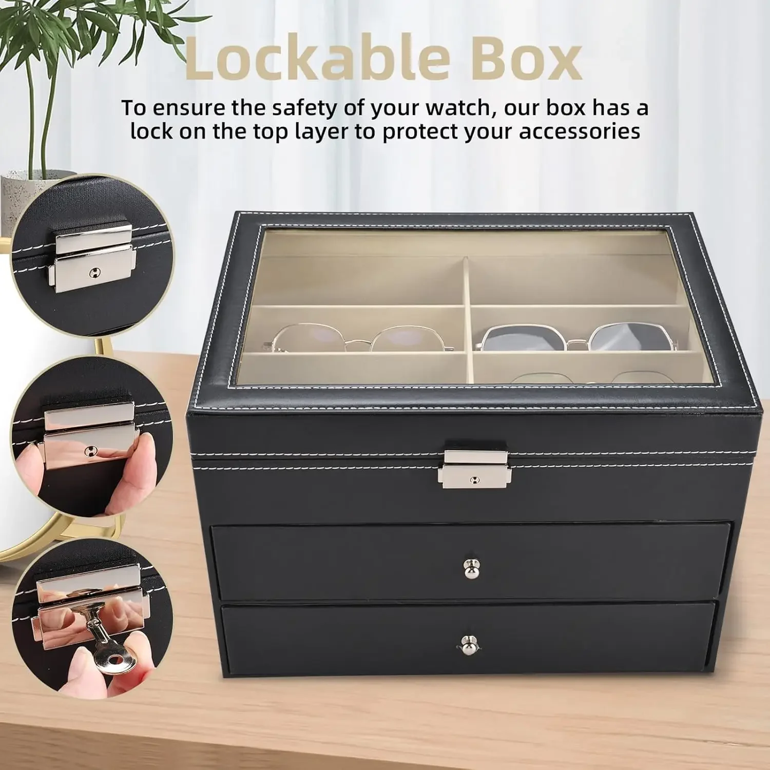 

Органайзер для хранения солнцезащитных очков, Стеклянный верх, запираемый чехол, органайзер, коробка для демонстрации очков для женщин и мужчин (черный)