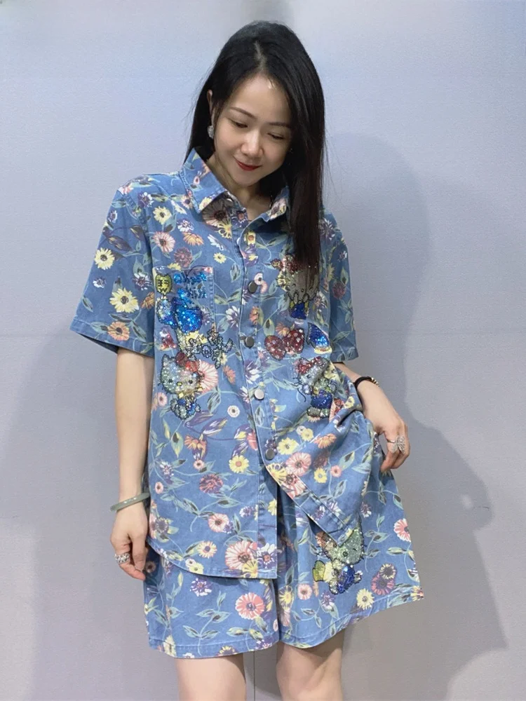 

Summer Women's Floral Short Sleeve Denim Shirt Top Diamond Embellished Loose Waist Wide Leg Shorts Two Piece Set Fashionable ...