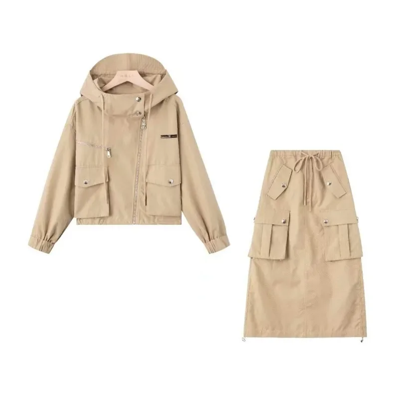 

Sweet Hot Girl Casual Suit Women's Autumn Hooded Loose Jacket Elastic Waist Long Skirt Two-piece Set Fashion Female Clothes