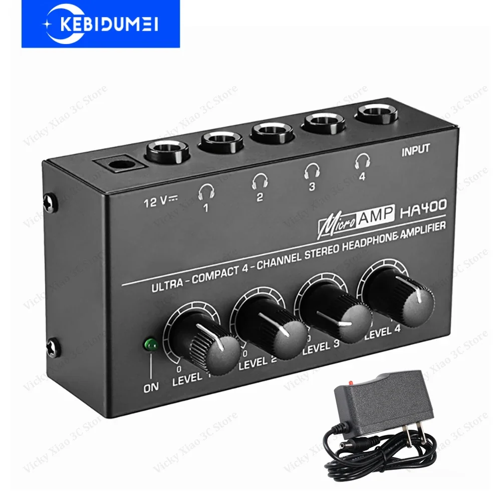 Headphone Amplifier Ultra-Compact Stereo Mini  Audio Amplifier AMP 4 Channels Home Amplifier 6.35mm Jack with Power Adapter