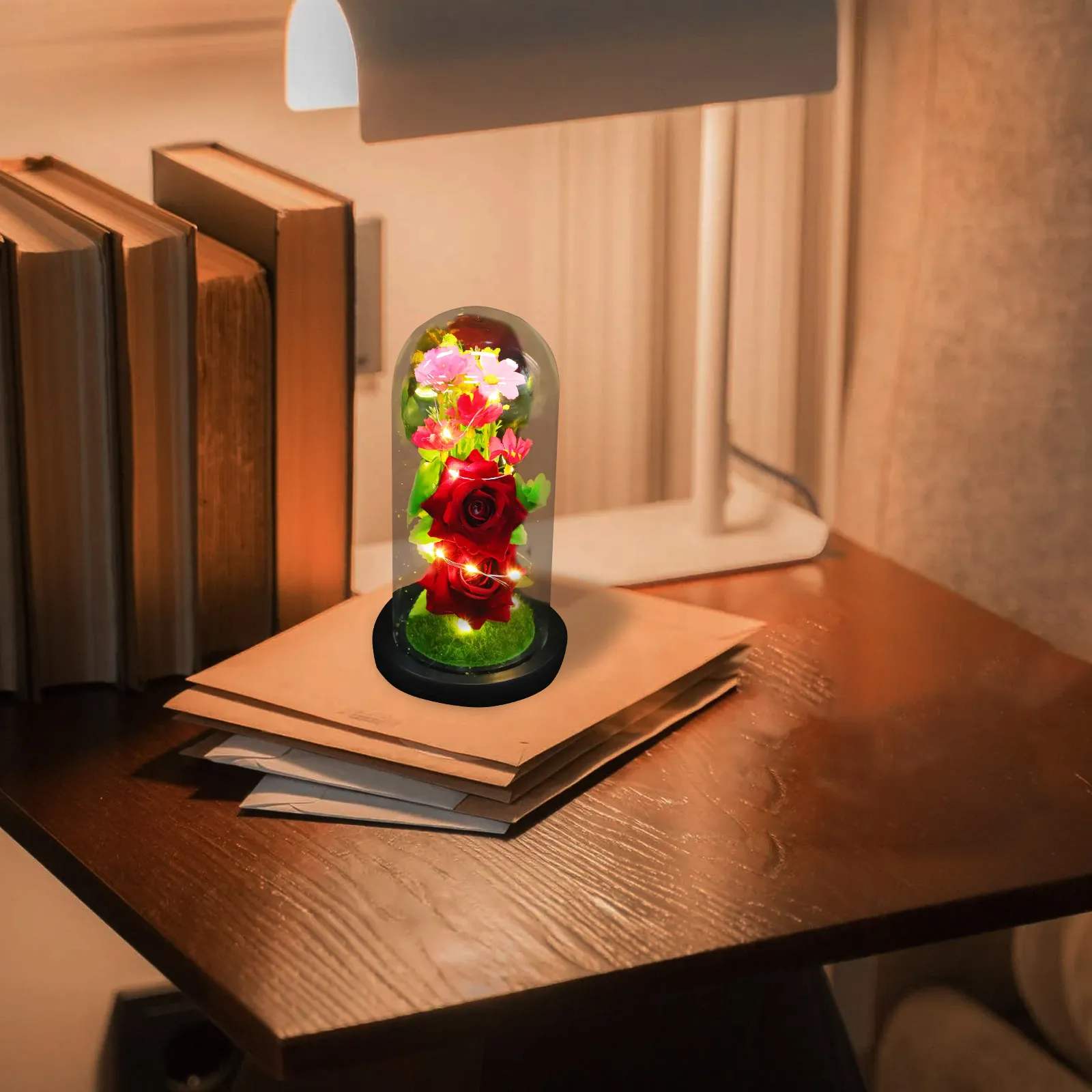

1 шт. светодиодный ночник с элегантным декором в виде искусственного цветка, стеклянный купол, романтический декор для рабочего стола, подарок на День святого Валентина или годовщину