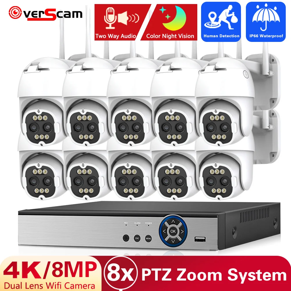 4K 8MP Smart Wifi PTZ Camera 8x Digital Zoom AI Human Detection Wireless CCTV IP Camera Home Security Protection 10CH Set Kits