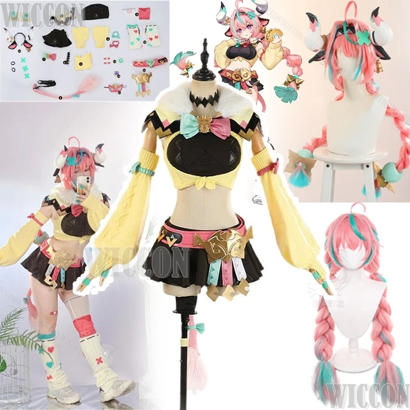 

Varesa Genshin Impact Game Cosplay Full Set Sexy Clothes Horn Headwear Blue Dress Pink Wig Girl Women Suit Comic Con Customized