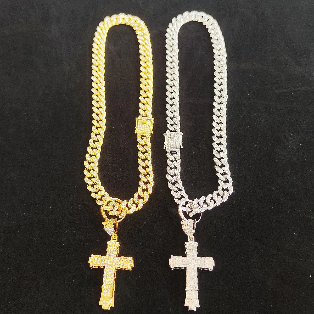 Pendant Necklace Double Layer Thickened Cross Crown Cuban Chain with Water Diamond 24K Gold Filled Solid Beard Safety Buckle