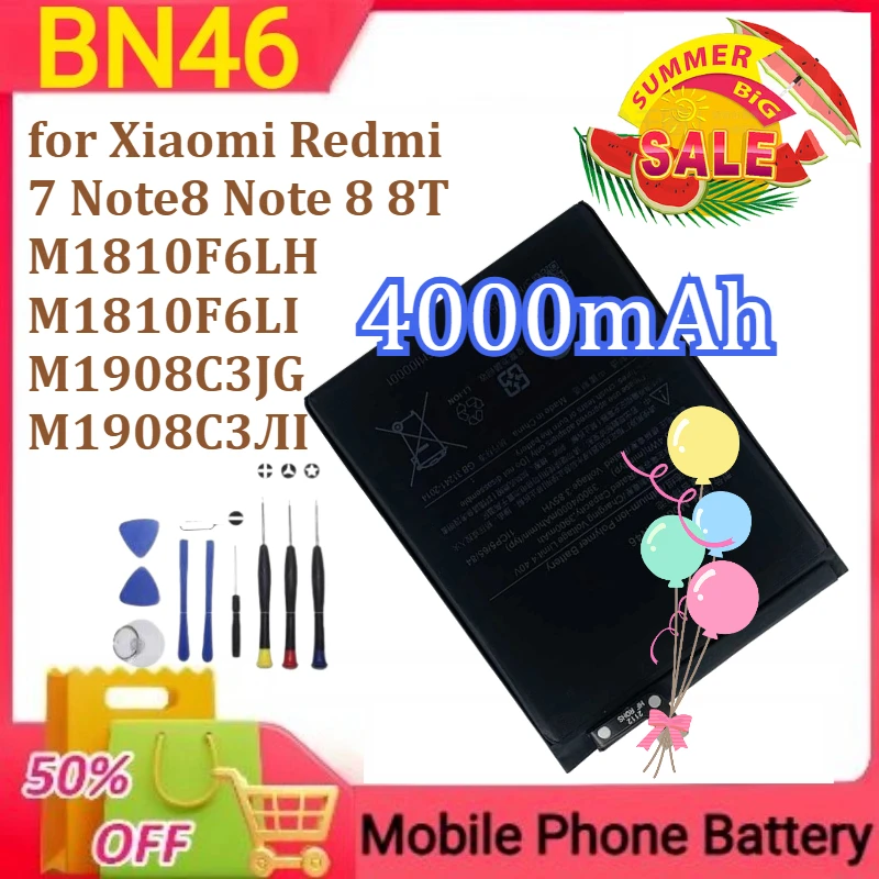 

Replacement BN46 4000mAh for Xiaomi Redmi 7 Note8 Note 8 8T M1810F6LH M1810F6LI M1908C3JG M1908C3ЛI Mobile Phone Battery+Tools