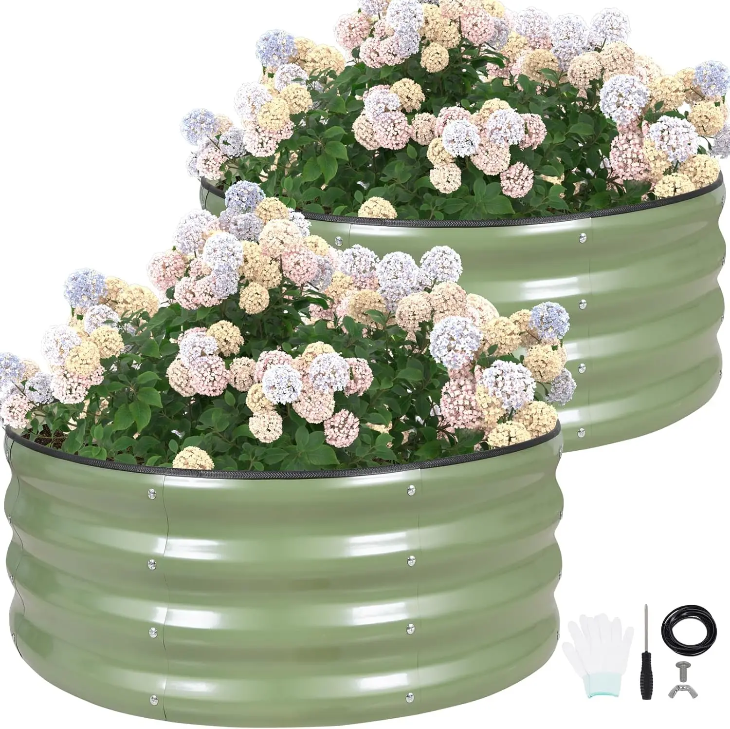 

Round Raised Garden Bed - 2Pcs 3x3x1ft Galvanized Steel Planter Boxes Outdoor with Rubber Edge Trim | Metal Raised Beds for Gard