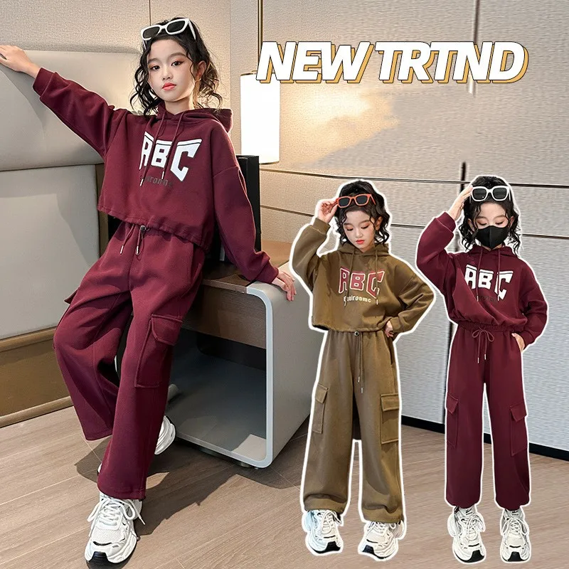 

Spring Autumn Girls Alphabet Drawstring Crop Workout Sweatshirt+Sweatpant School Kids Tracksuit Child Outfit Jogger Set 7-16 Yrs