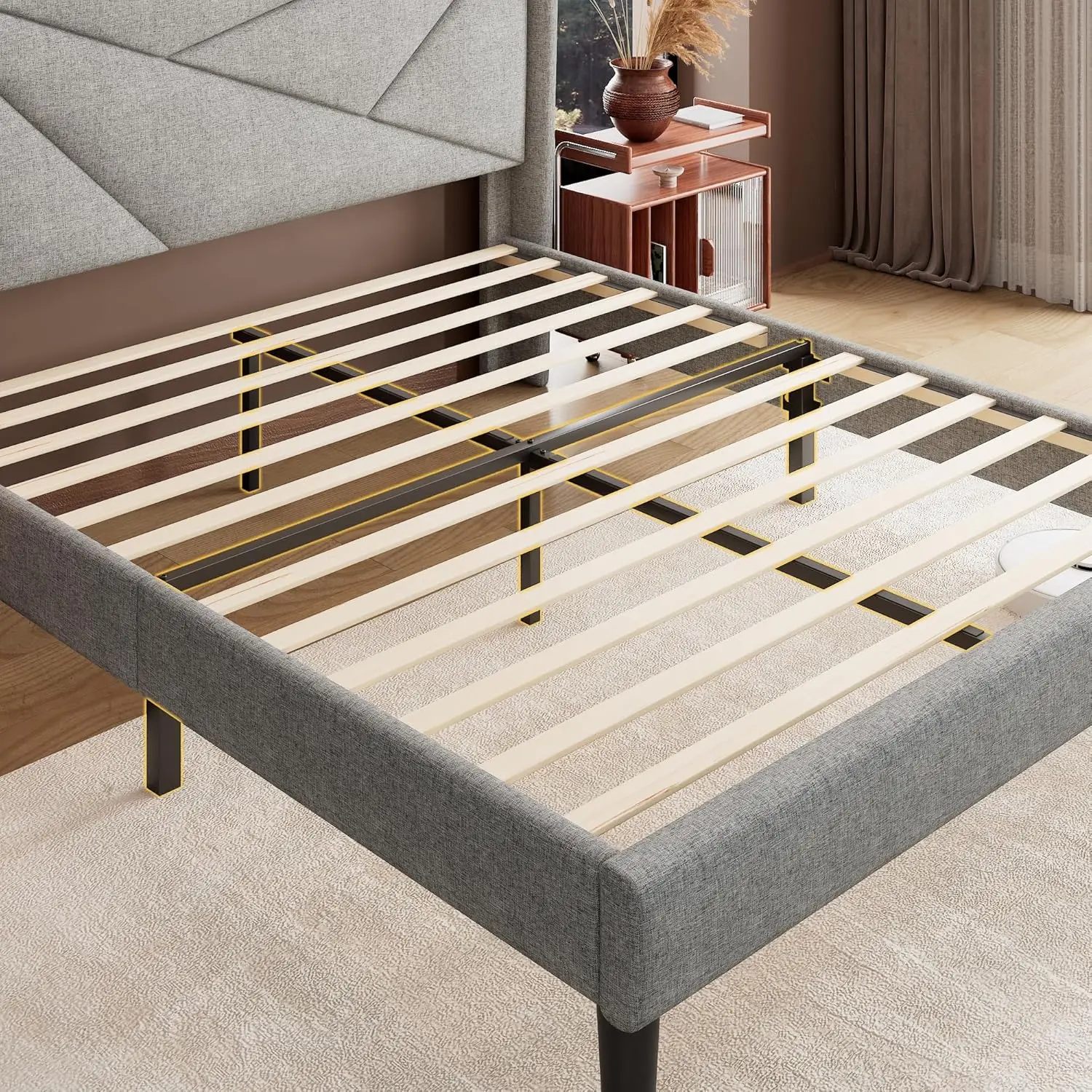 Bed Frame with Charging Station, Platform Upholstered Bed, Linen Geometric Storage Headboard