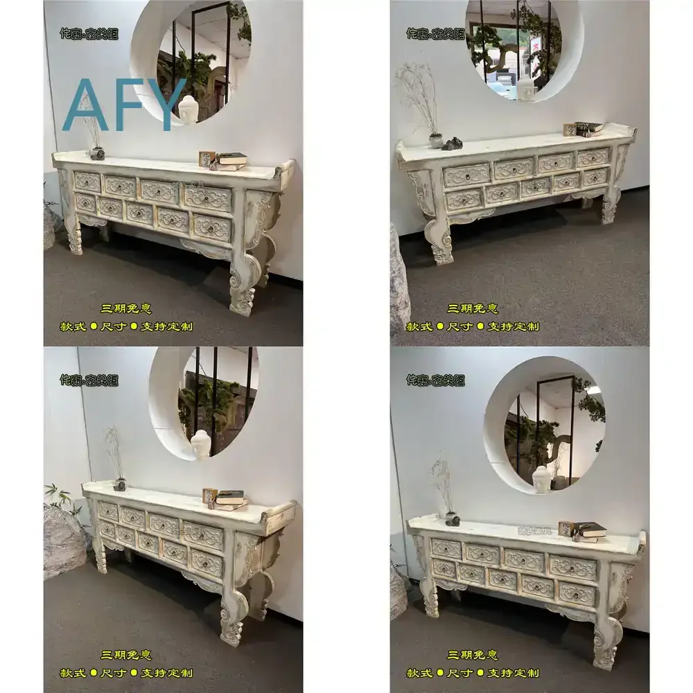 Solid Wood Carved Entryway Cabinet for Rustic Zen Style Living Room Hall Table for Buddhist Altar Guesthouse Middle Hall