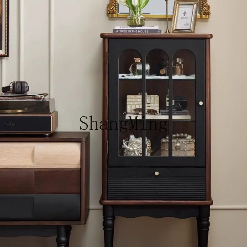 FG  good-looking retro solid wood coffee table TV cabinet black living room storage floor locker