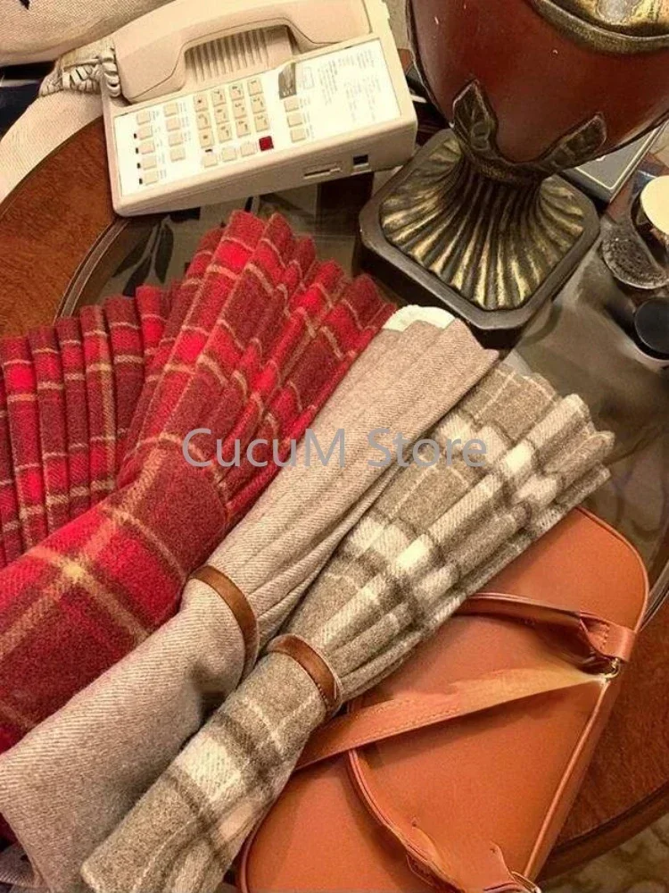 Japanese Style Retro Spicy Girl Plaid Pleated Skirt Autumn Winter College Style Woolen Mini Skirt High Waiste Sweet Kawaii Skirt