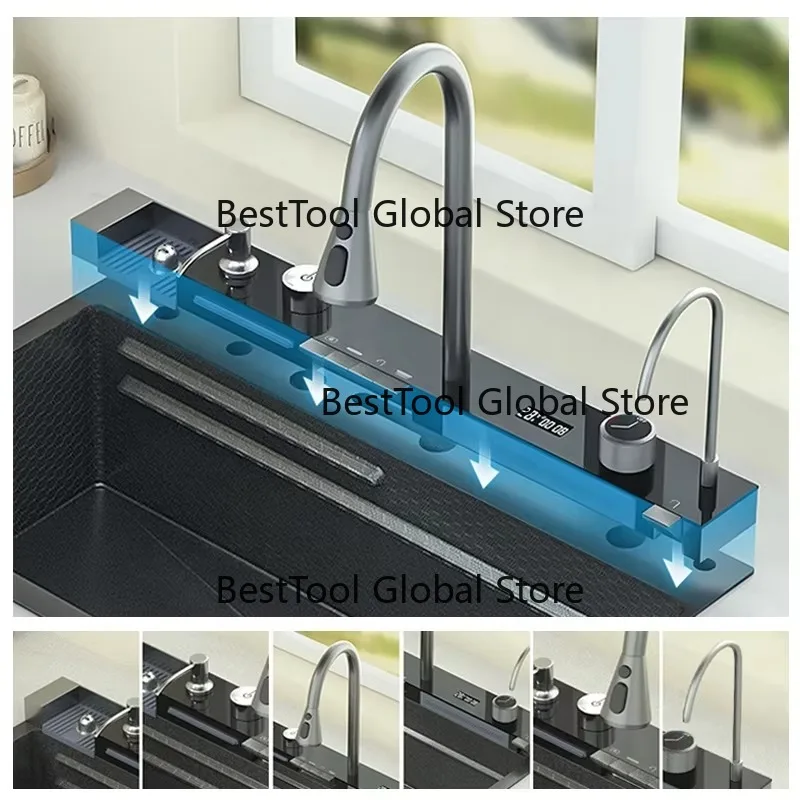 

Modern European Smart Kitchen Sink Farmhouse Multi Function Corner Undermount Digital Hidden Stainless Steel