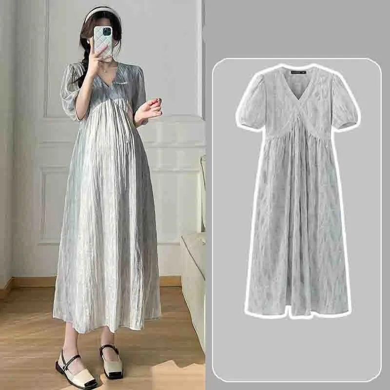 

2025 Pregnant Women's Summer Breathable Dress New Maternity Middle Sleeve Dress Pregnant Women's Loose Long Chiffon Dress LI123