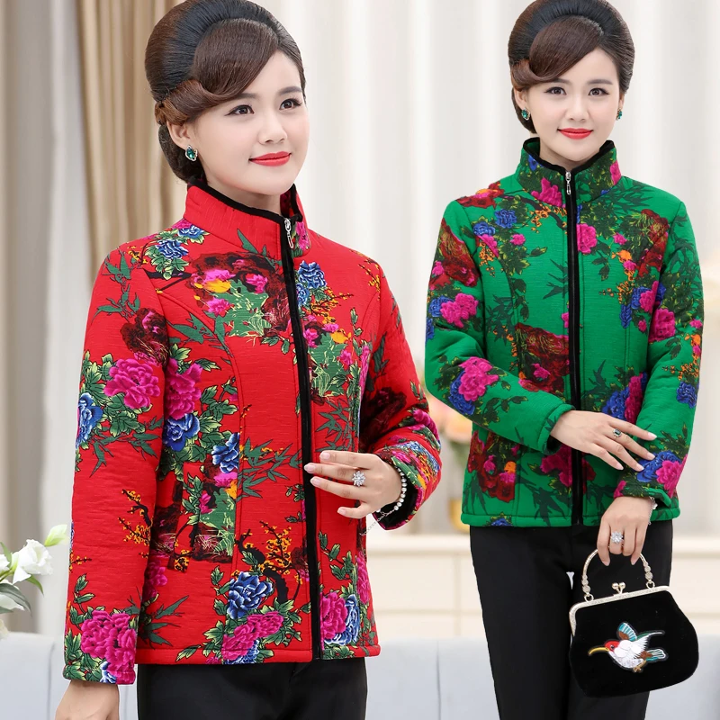 

New Winter ort Printed Cotton Jaet Stand Collar Ethnic Sle Middle-Aged And ly Women's Outerwear Cotton Coat