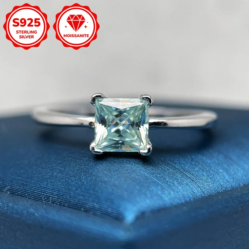 1PC 1Carat Classic Princess Cut Light Blue Moissanite Ring, 925 Silver Simple Moissanite Ring, Elegant Engagement Birthday Gift.