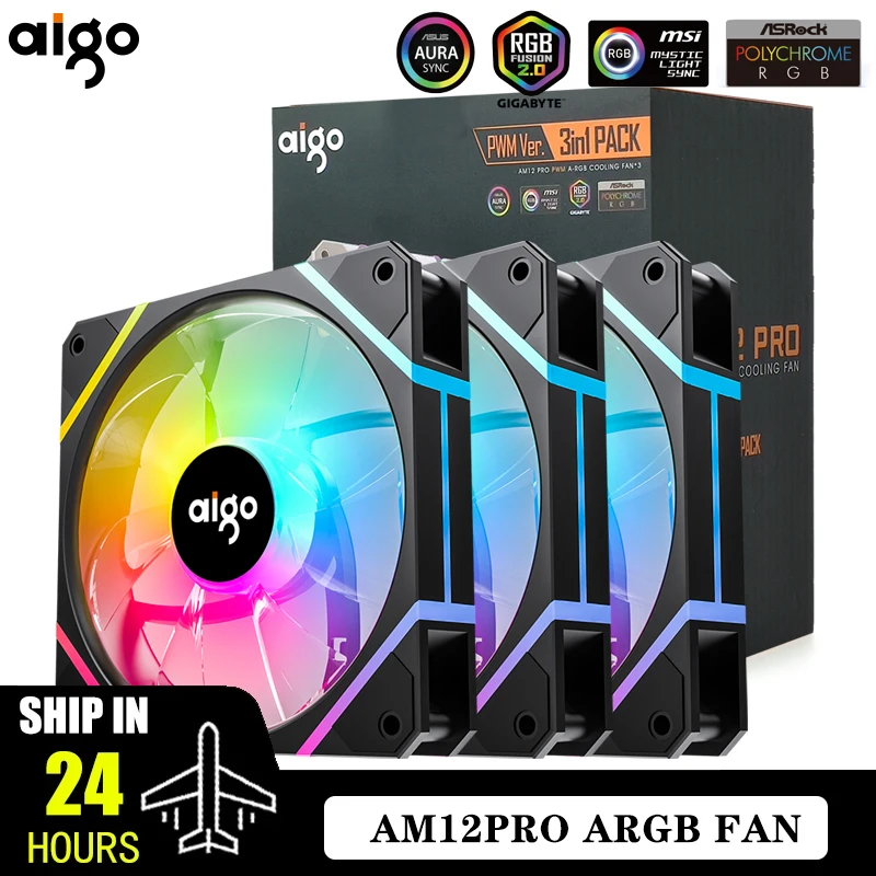 Aigo AM12PRO RGB 팬 Ventoinha 120mm Pc 컴퓨터 케이스 팬 PWM 12cm 흰색 CPU 워터 쿨러 자동 ARGB 팬 냉각 Ventilador