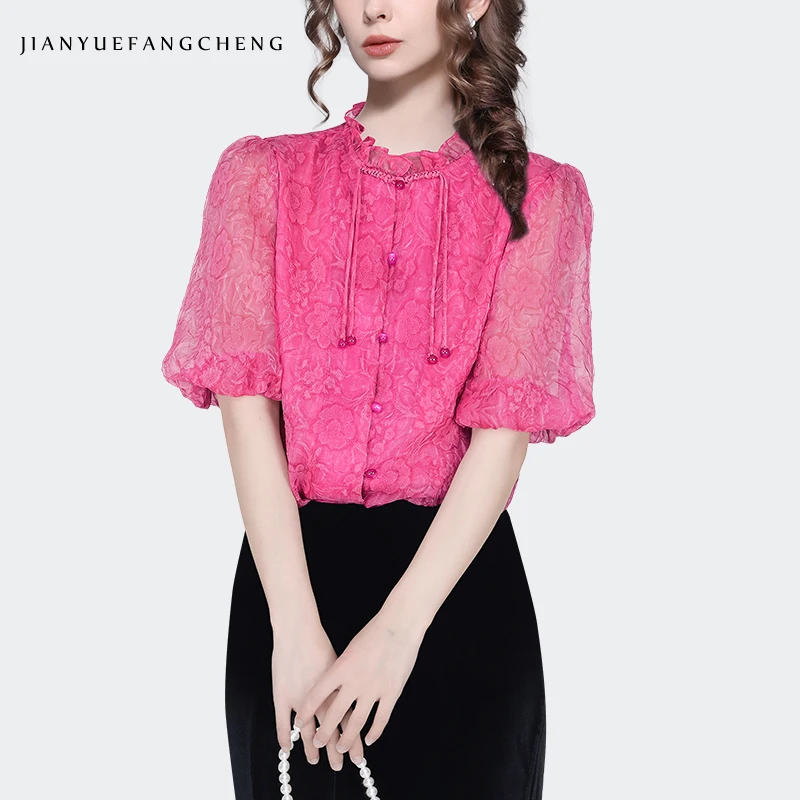 Fashion Pink Floral Print Chiffon Blouse Women Summer Short Sleeve Ruffled Neck Tops Loose-fitting Lightweight Tulle Shirts