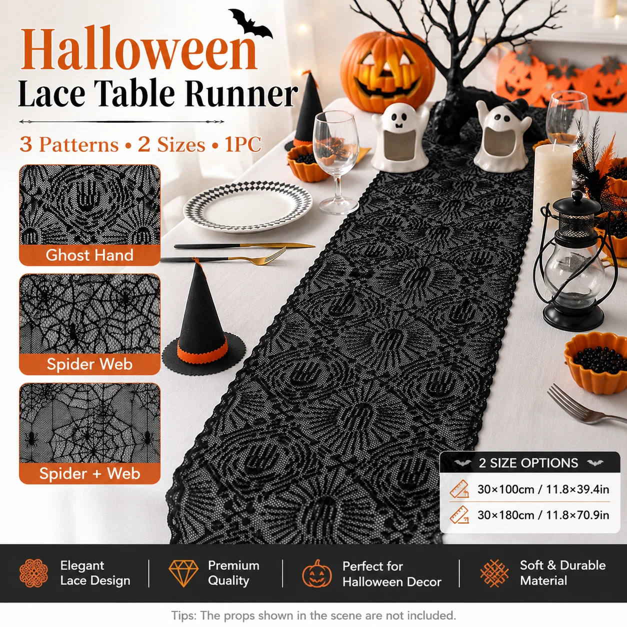 1PC Black Lace Halloween Table Runner Ghost Hand Spider Web Hollow Tablecloth Dining Mantel Gothic Party Decor