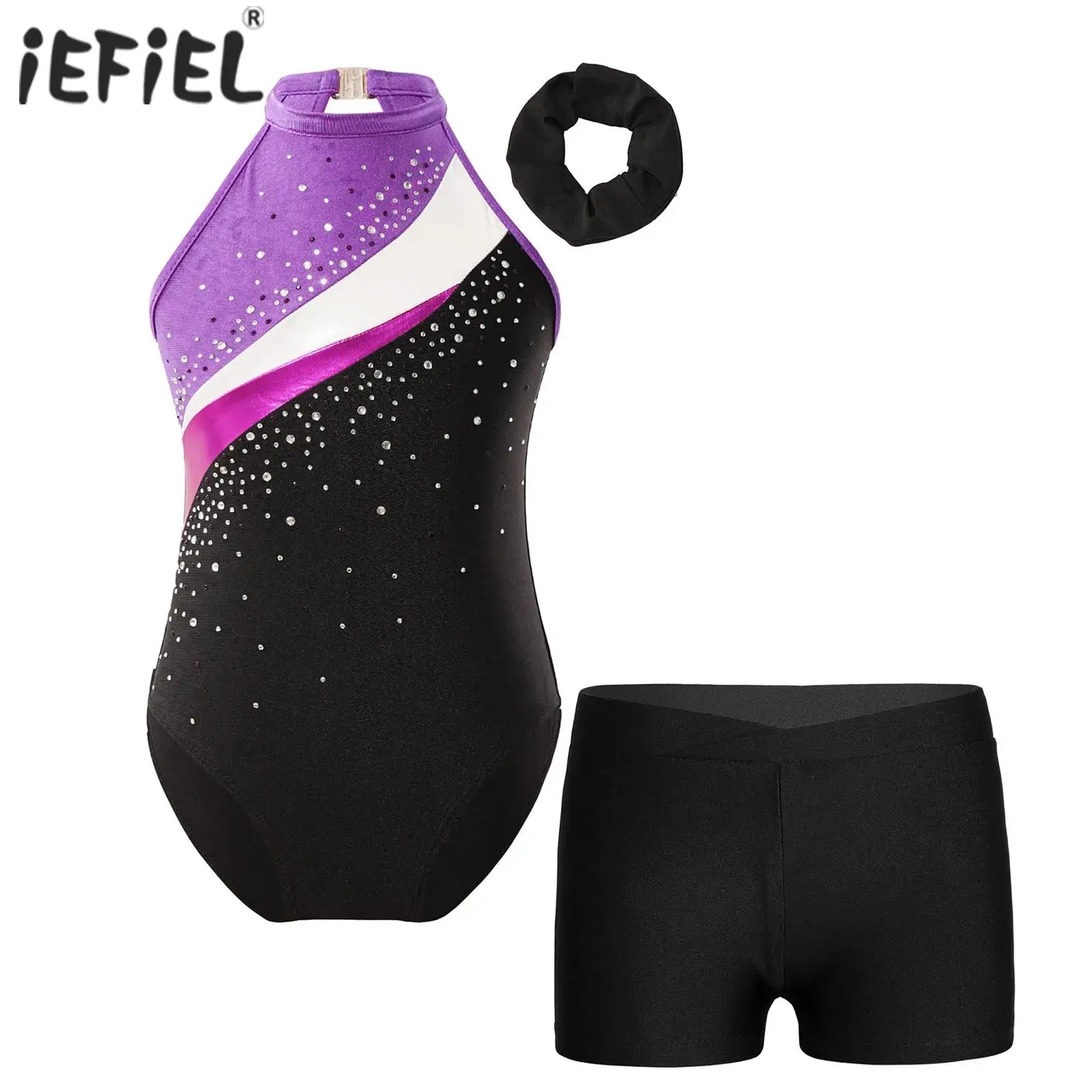 

Kids Girls Ballet Gymnastics Leotards with Shorts Sets Dance Outfits Unitards Biketards Shorts Bottoms with Hair Band Activewear