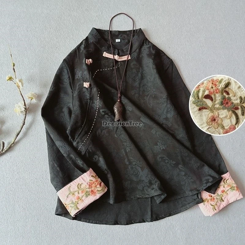 

2025 new chinese-style traditional jacquard embroidery cheongsam button stand collar long-sleeved shirt women tea tang suit top