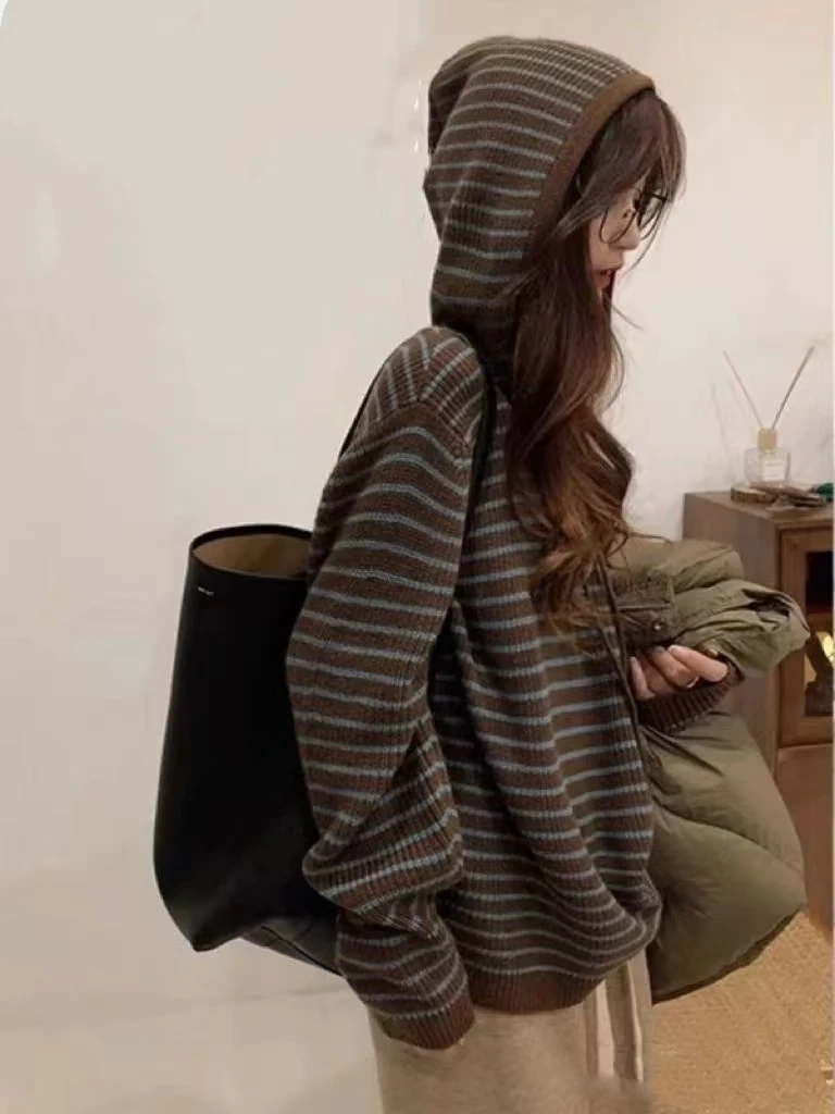 2024 Autumn New Loose Soft Glutinous Idle Sle Knitted Hood Stripe Vintage Sweater Outerwear Women Autumn and Winter