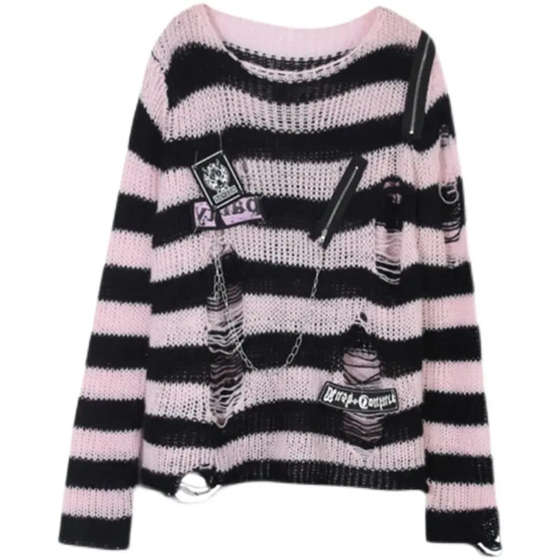 2026 New Black Pink Striped Y2K Sweater Women Spring Autumn Ripped Niche Design Spicy Girl Top Lazy Elegant Knitwear