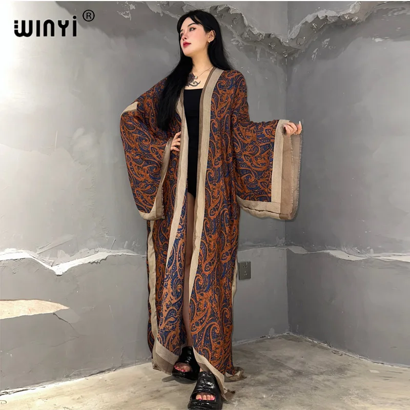 WINYI kimono osłona do Bikini-up elegancki strój plażowy dla kobiet klasyczne z nadrukiem w łezkę bawełniane uczucie vestidos para mujer sukienka