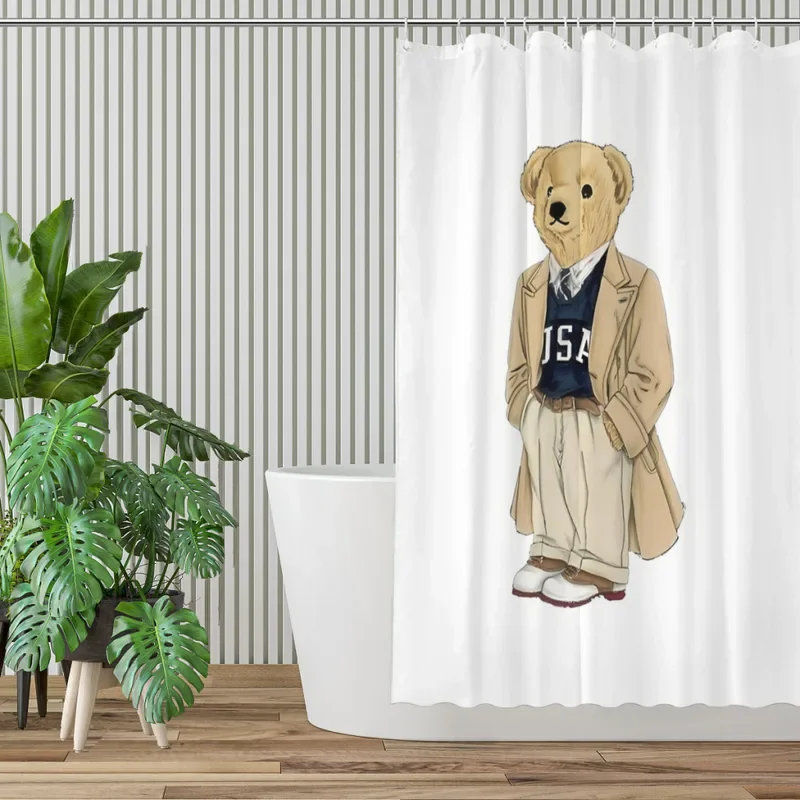 Back Polo Trip Shower Curtains Teddy Bear Waterproof Fabric Creative Bathroom Decor with Hooks Home Accessories