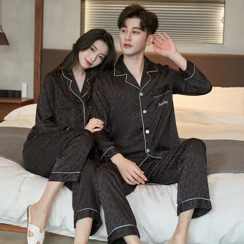 High-end Ice Silk Couple Pajamas Long Sleeve Silk Pajamas Long Pants Homewear Sets Korean Fashion Sleepwear Women Men Nightwear