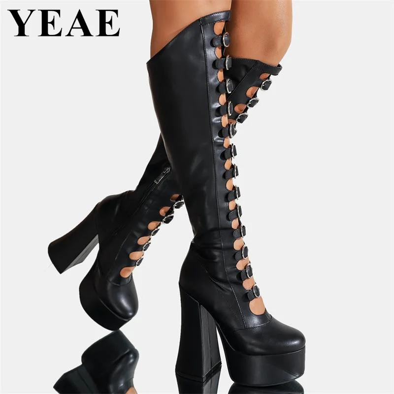 Thick Sole Black Hollow Out Knee High Boots Women Platform Square Heel Dance Shoes Super High Heel Sexy Boots Plus Size Footwear