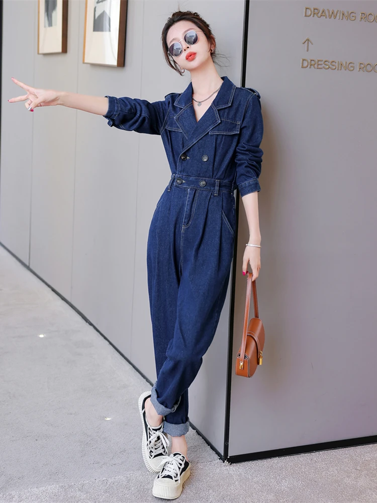 Eleganckie damskie ogrodniczki jeansowe z kołnierzykiem, wiosenno-jesienne, nowe, małe rozmiary, wysoka jakość, jednoczęściowe spodnie do pracy.