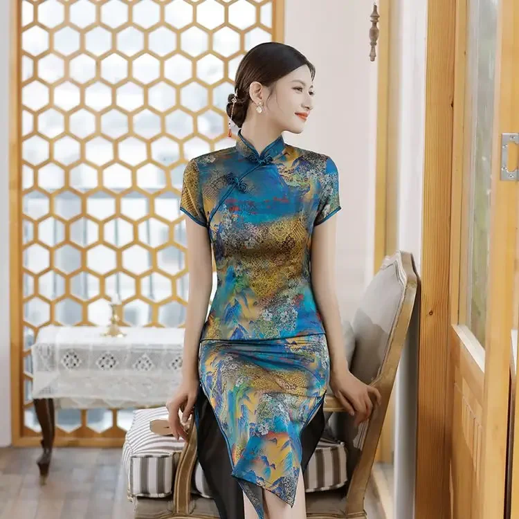 

Elegant New Cheongsam Chinese Satin Classic Women's Qipao Short Sleeve Sexy Wedding Evening Party Dress 5XL