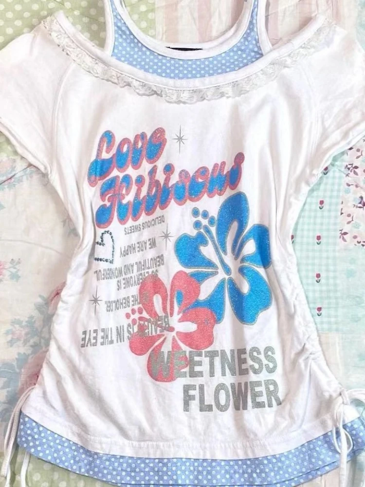 American Vintage T Shirts Fake Two Piece Print Lace Short Sleeve Slim Tops Y2k Aesthetics Punk Tees Harajuku Women's Clothing