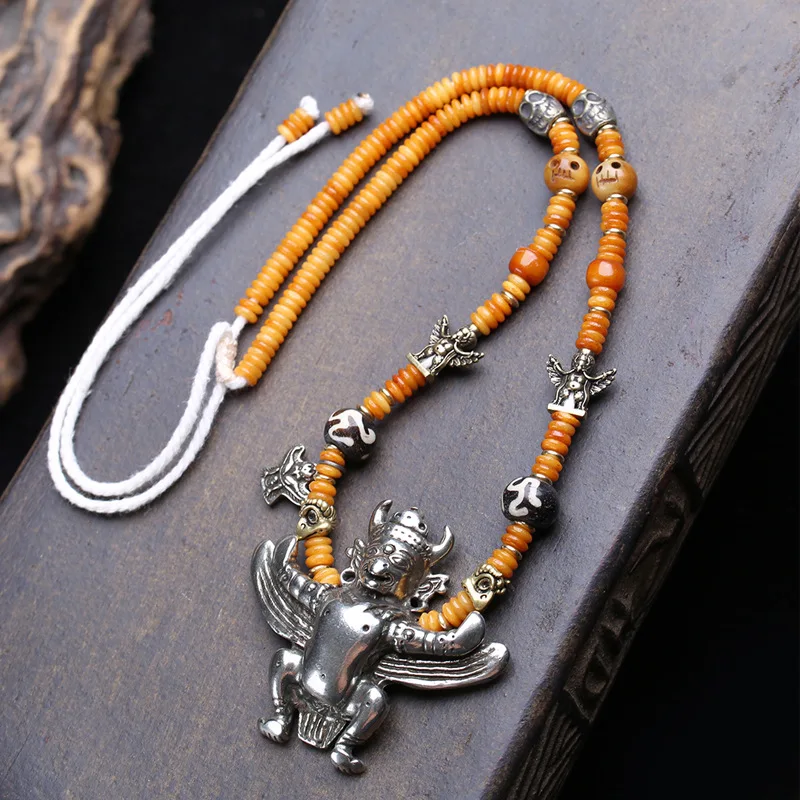 Tian Tie Dapeng Bird Pendant, 3D Relief , Hand-Woven Yak Bone Necklace