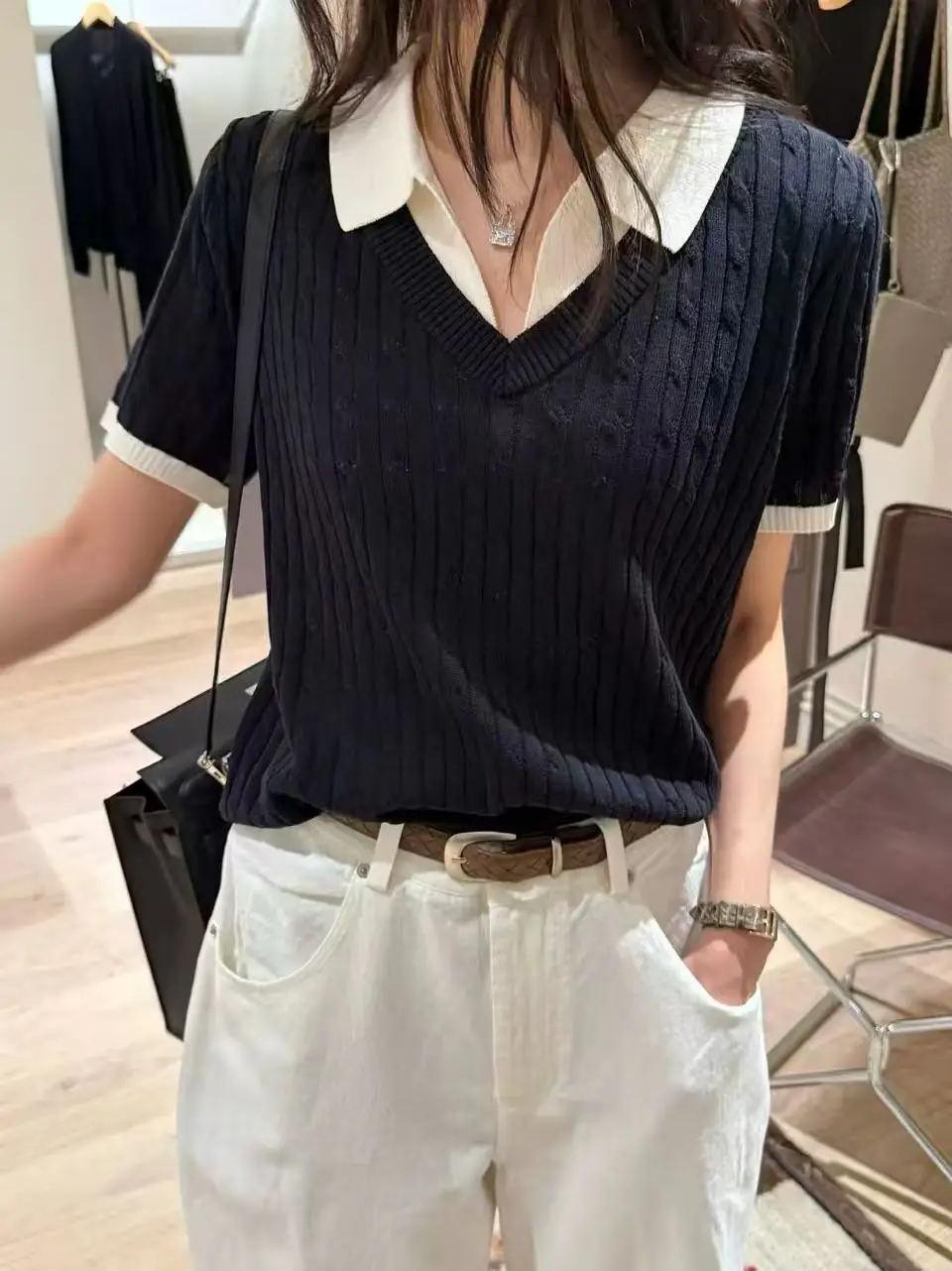 

Korean Style Knitted Short Sleeve Collared Top Women's Slimming Fashionable Fake Two-Piece Spring Summer New Arrival