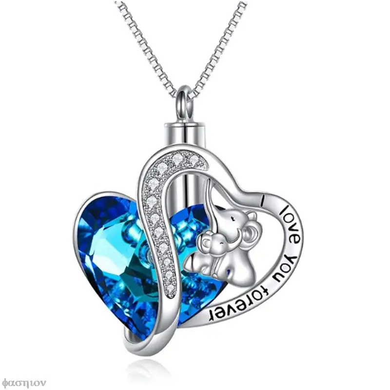 Elephant Double Heart Blue Crystal Pendant Ash Holder Memorial Necklace Fashion Gifts Cremation Urn Necklace For Ashes