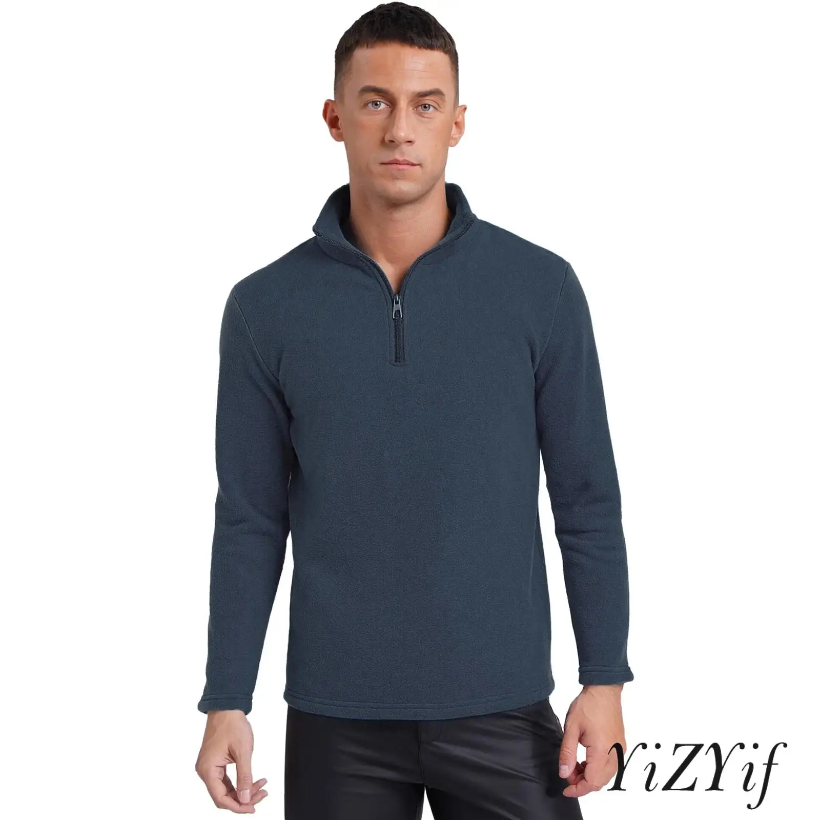 

Adult Men Fashion Warm Fleece Sweatshirt Zip-up Stand Collar Long Sleeve Solid Color Pullover Top for Outdoor Camping Hiking