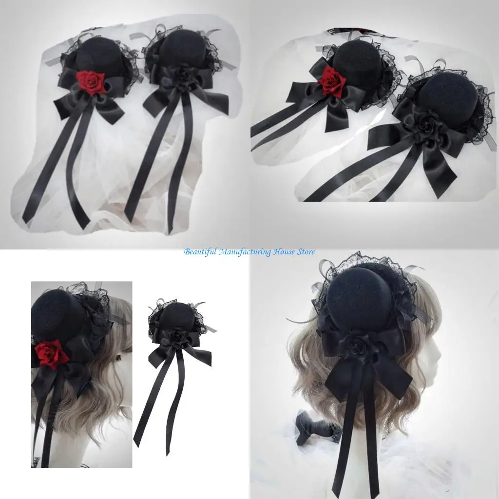 E56A Punk Rose Flower Hairpin Lace Hat Design Cosplay Costume Hair Clip For Women