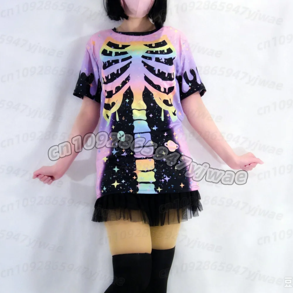Summer Women's Halloween Skeleton Bones Yami Kawaii Y2K Skull Street Style Short Sleeve T-shirt Halloween Cute  cosplay t-shirtT