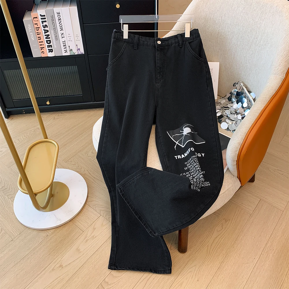 

Plus-size women's Fall Casual commute baggy comfort jeans Black straight-leg letter print elastic-waist button pocket pants big