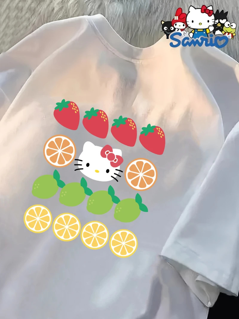 Dames Sanrio Hello Kitty-patroon los T-shirt met korte mouwen - casual zomer- en lentetop, witte kleur kleurrijk fruitontwerp