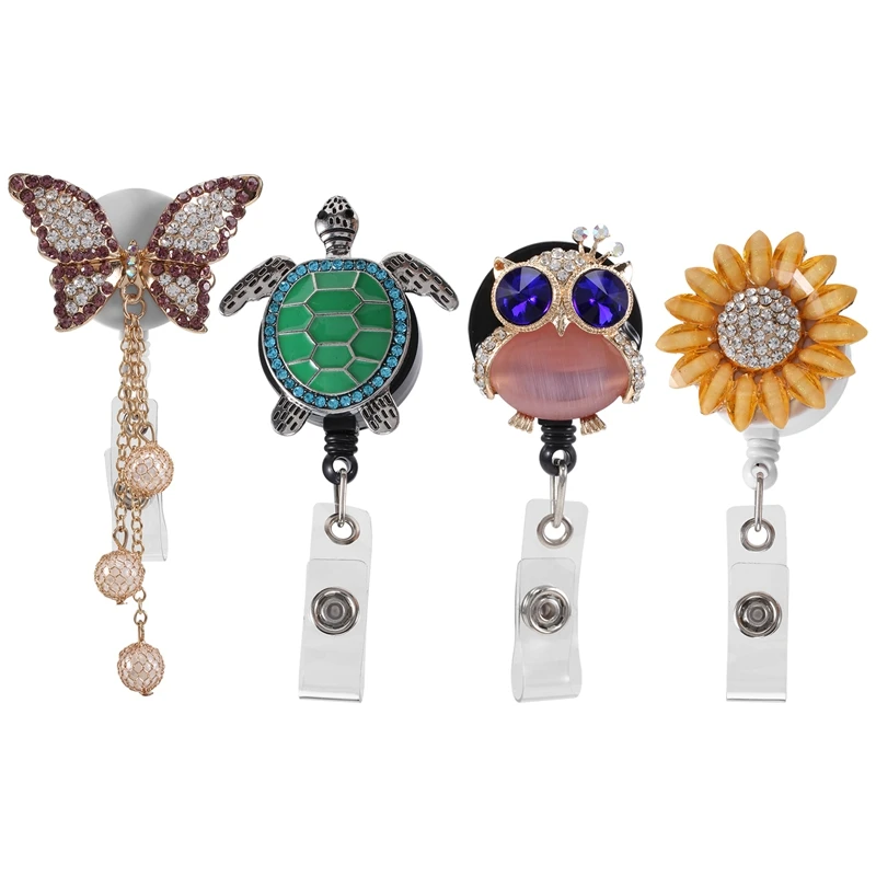 

4 Pcs Rhinestone Retractable Badge Reel ID Badge Reel Clip For Nurse Teacher (Butterfly Sunflower Turtle Owl)