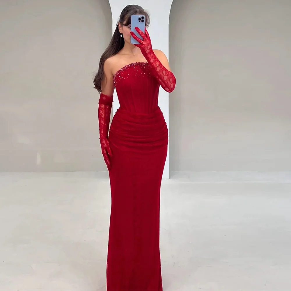 

Customized High Quality Lace Evening Dress Elegant Strapless Mermaid Celebrity Gowns Delicate Crystal Sleeveless Robe de soirée