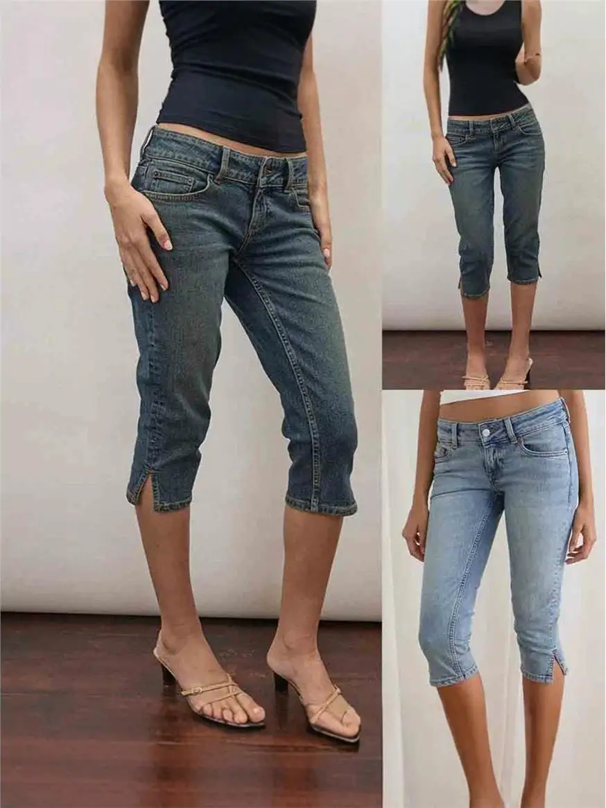 Women's Stretch Denim Capri Pants High Waist Jeans Shorts Slit Design Comfortable Fit mid Stretch Cotton Blend