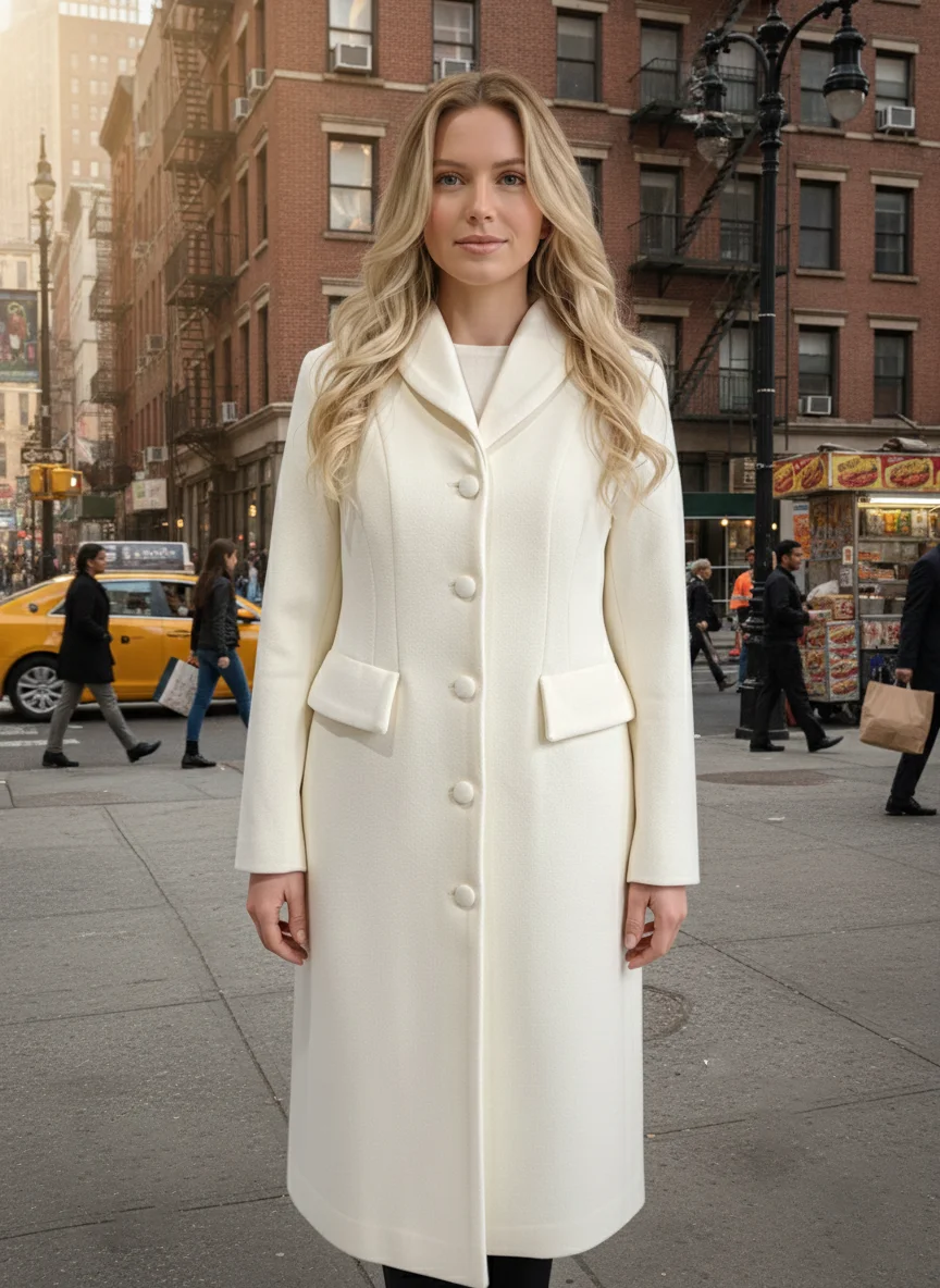 

Women's Elegant Long Wool Coat Single-Breasted Lapel Collar Slim Waist Tailored Full-Length Formal Outerwear Cream/Black Coat