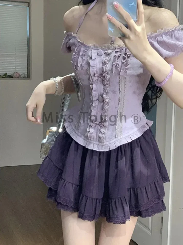 France Fashion Y2k Mini Skirt Suit Women Vintage Elegant Chic 2 Piece Dress Female Purple Slim Tops+High-waisted Skirt Designer