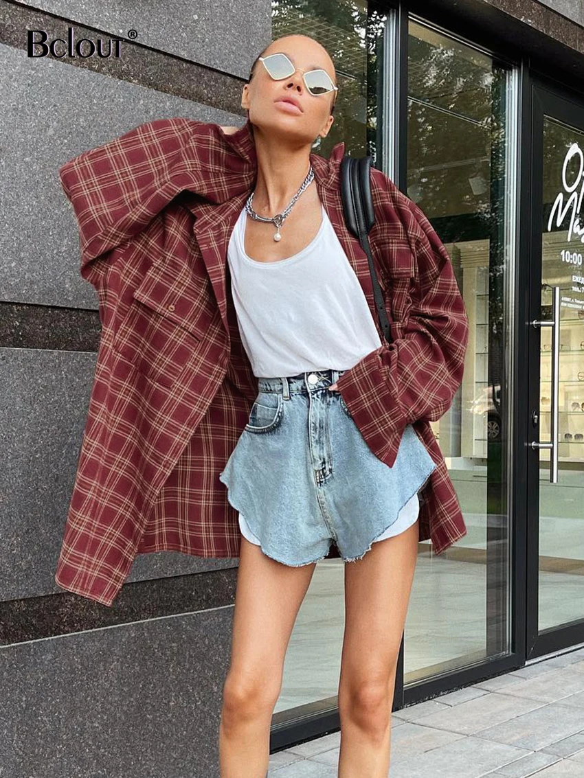 Bclout Street Red Plaid Loose Blouses Women 2024 Vintage Long Sleeve Office Lady Shirts Fashion Streetwear Cotton Blouses Femal