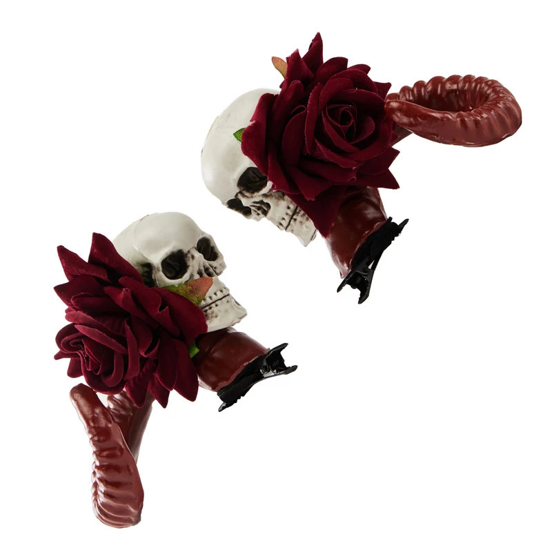 할로윈 악마 뿔 헤어 클립, 고딕 레트로 해골 장미 머리핀, 로이타 양 뿔 바레트 헤드피스 의상, 헤어 액세서리