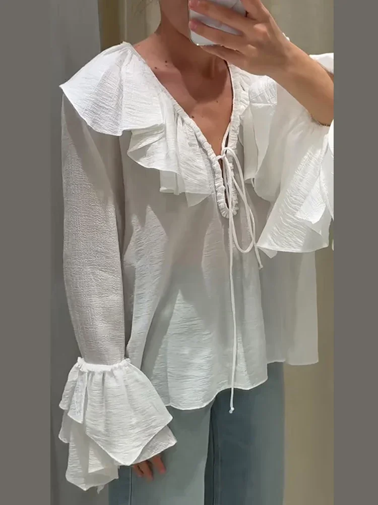 

Casual Ruffles Solid Shirt Women Chic Chiffon V-neck Long Flare Sleeve Female Boluse 2025 Summer Loose Lace Up Lady Outerwears